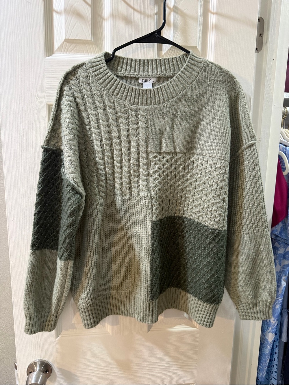 Women’s Two-Tone Olive Patchwork Knit Sweater